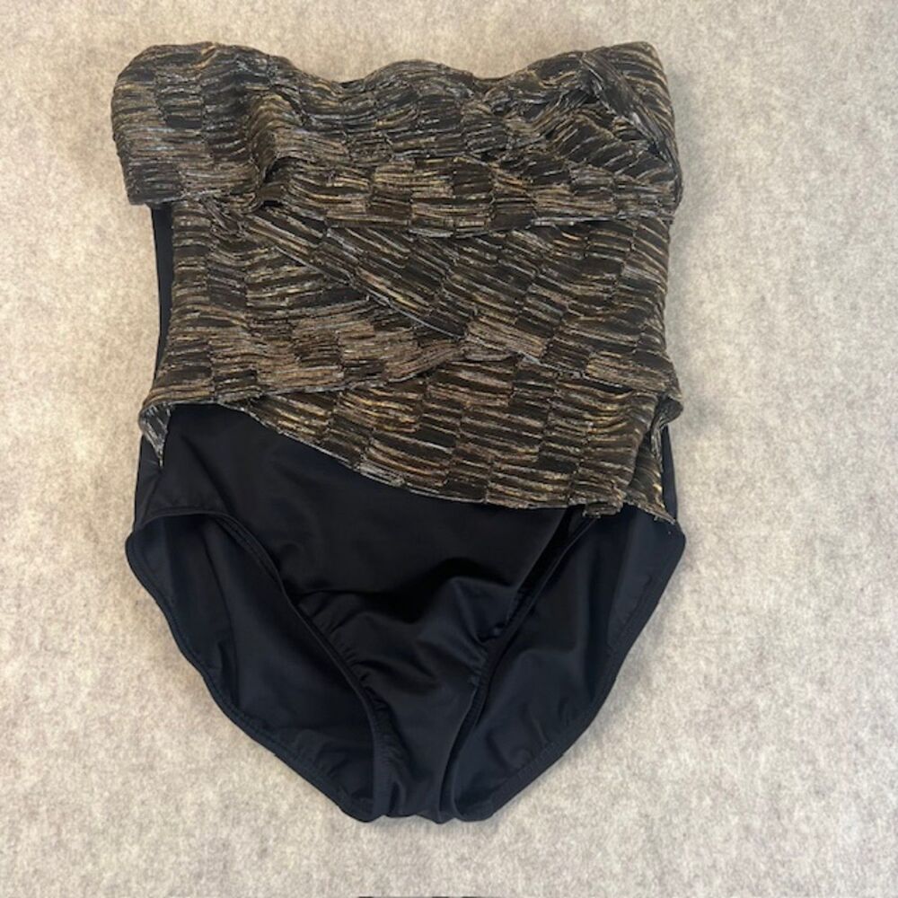 Miraclesuit Muse Gold Black Draped Bandeau One-Piece Swimsuit Size 14 NWT
